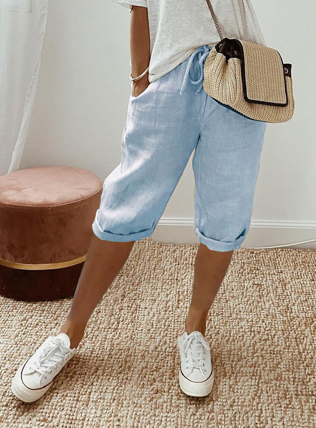 Pantalon à poches élastiques en coton et lin
