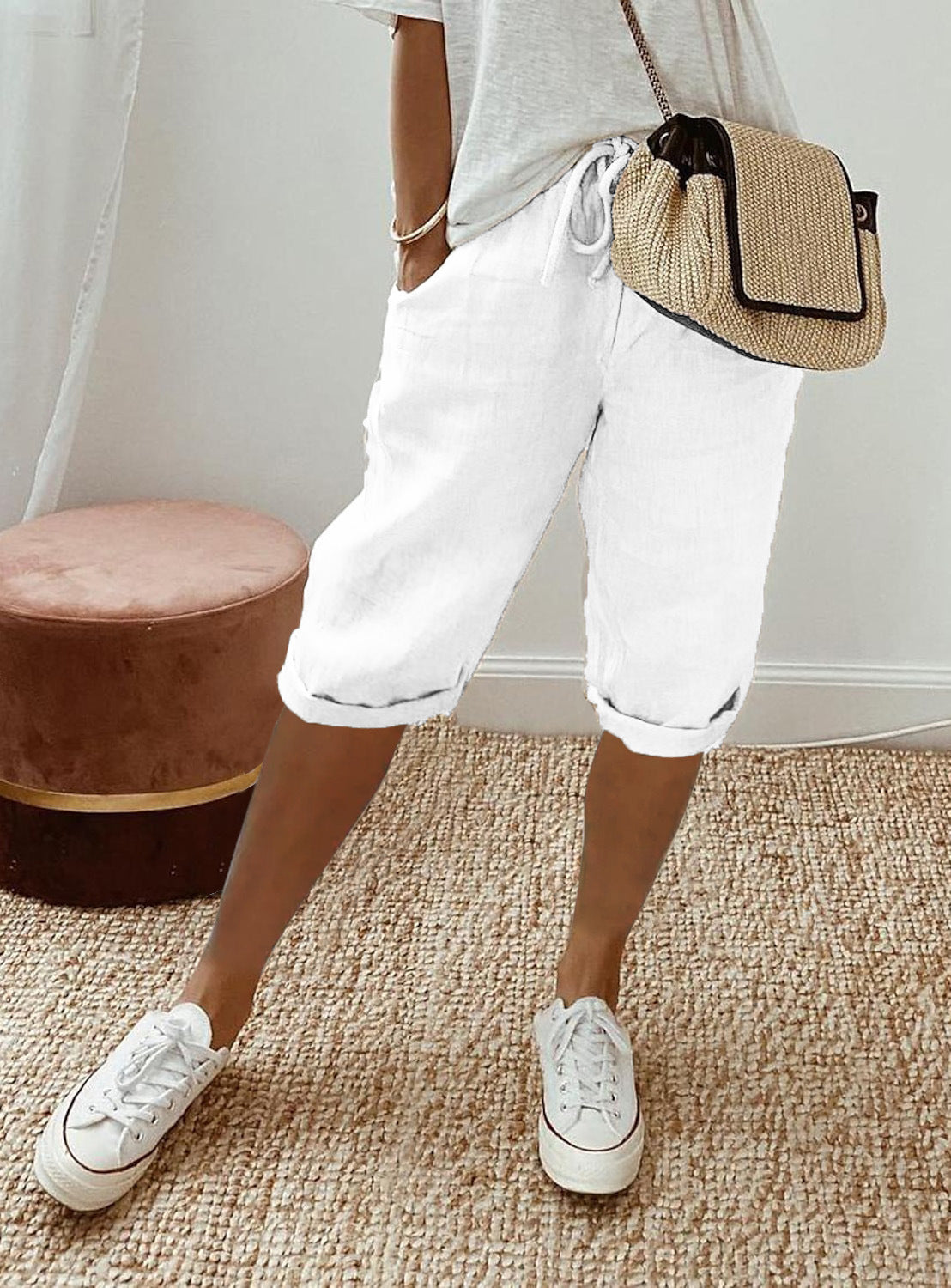 Pantalon à poches élastiques en coton et lin