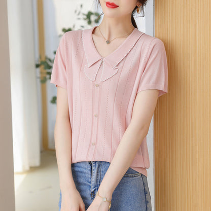 Doll Collar Carven Design Breasted Short-sleeved Sweater Top