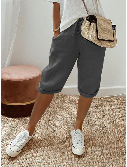 Pantalon à poches élastiques en coton et lin