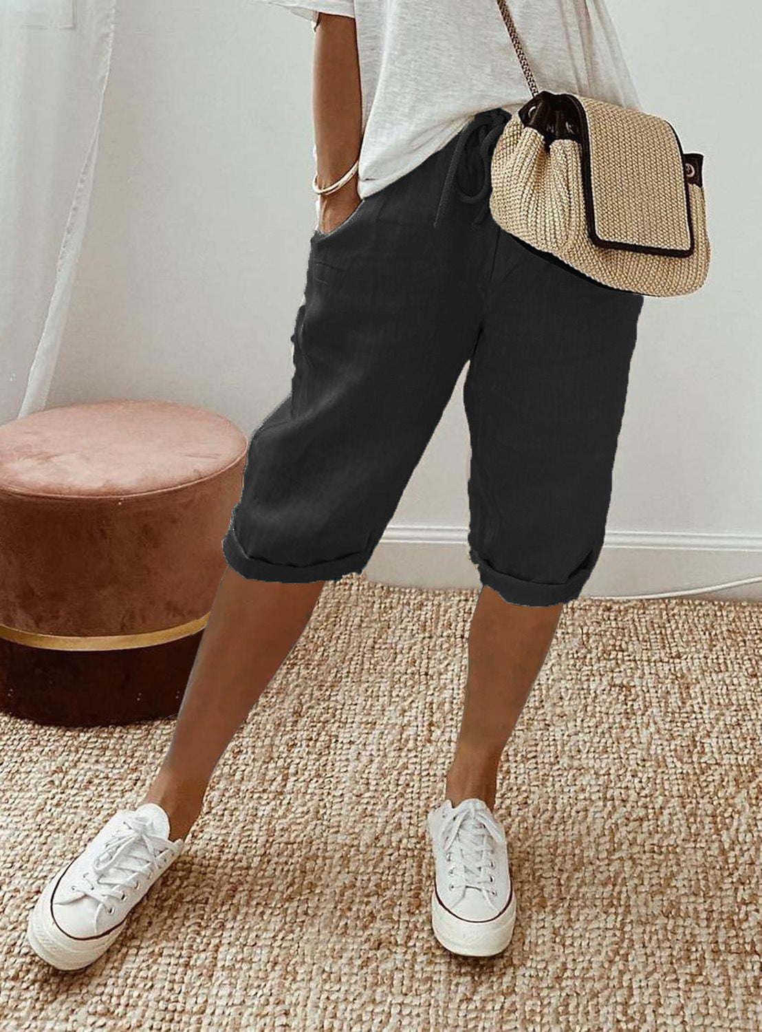 Pantalon à poches élastiques en coton et lin