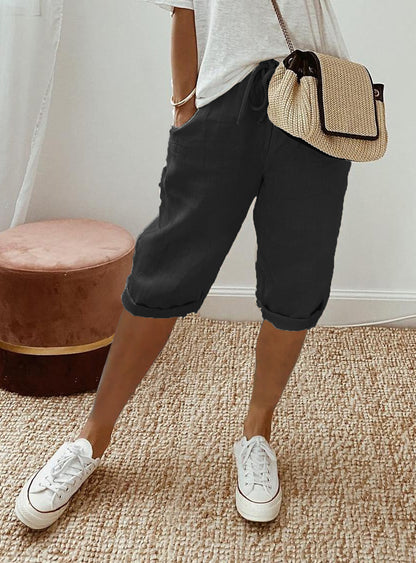 Pantalon à poches élastiques en coton et lin