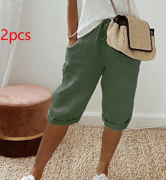 Pantalon à poches élastiques en coton et lin