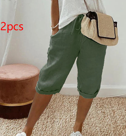 Pantalon à poches élastiques en coton et lin