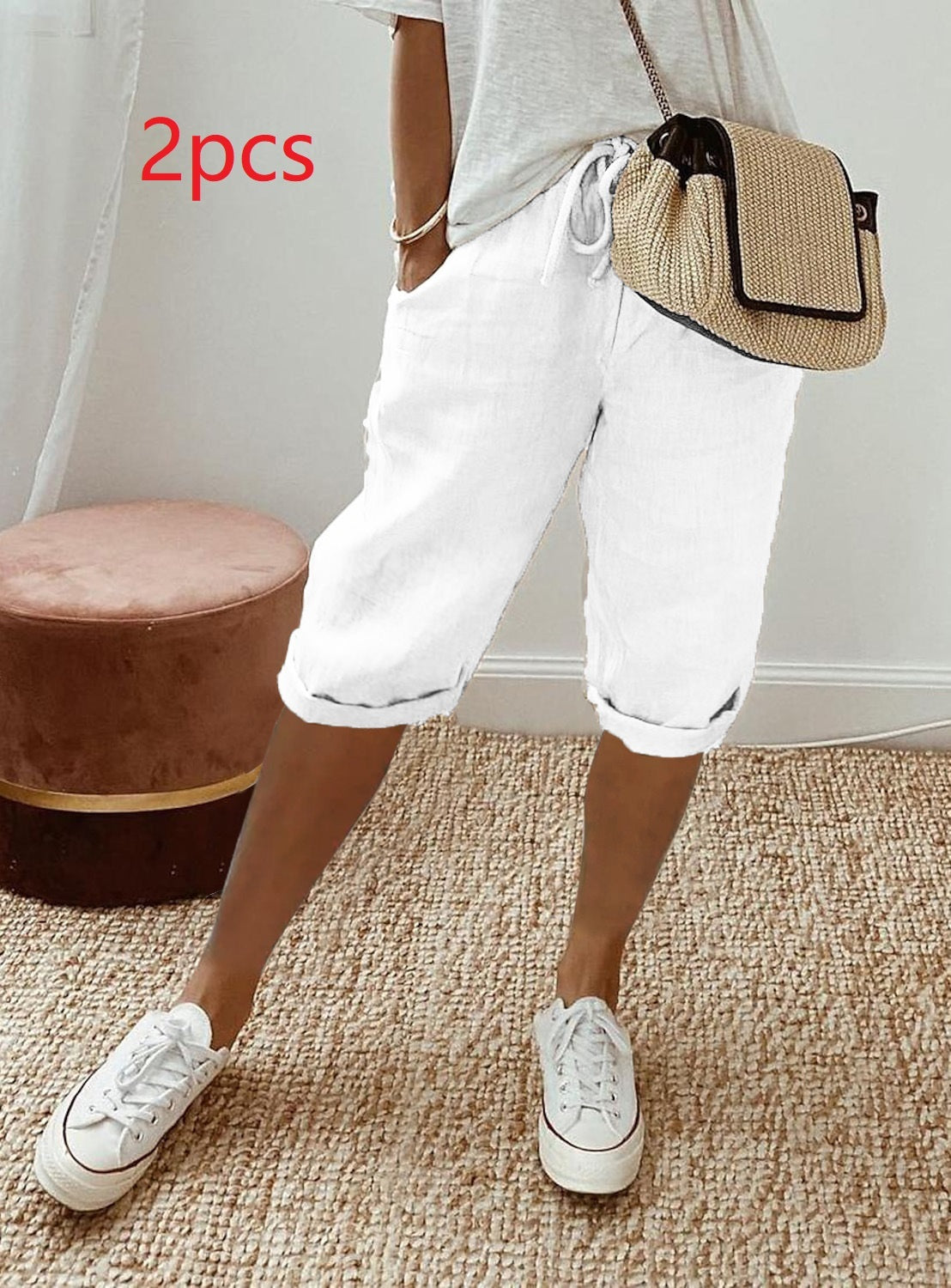 Pantalon à poches élastiques en coton et lin