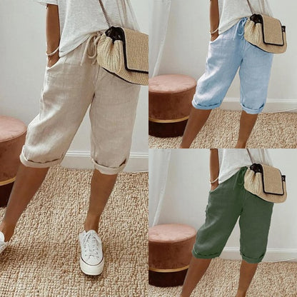 Pantalon à poches élastiques en coton et lin