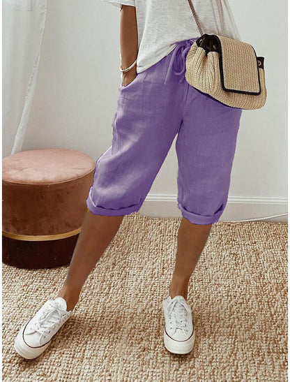 Pantalon à poches élastiques en coton et lin