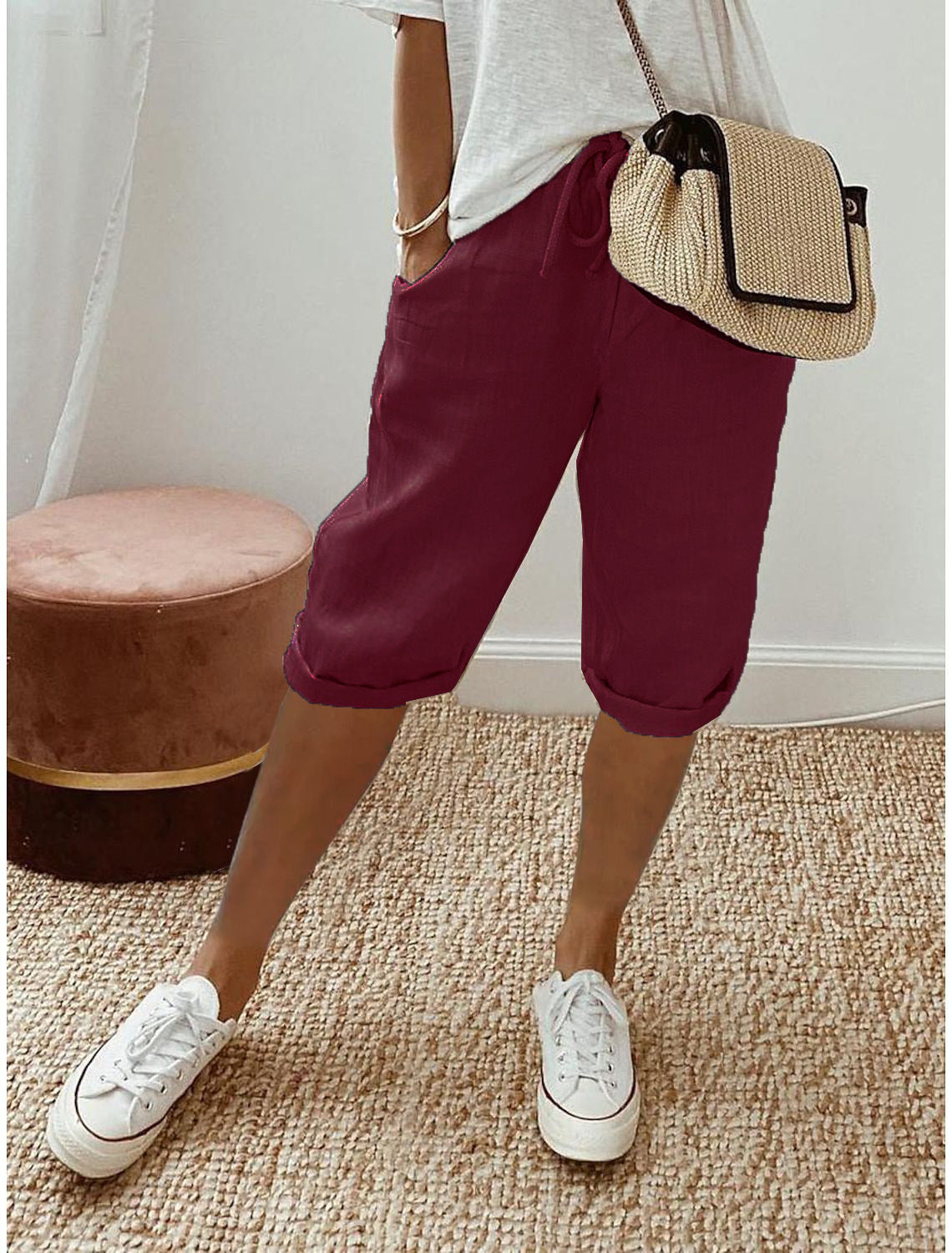 Pantalon à poches élastiques en coton et lin