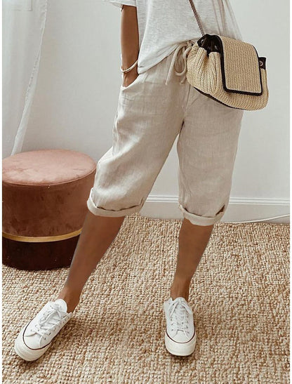 Pantalon à poches élastiques en coton et lin