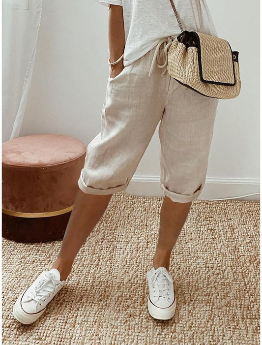 Pantalon à poches élastiques en coton et lin