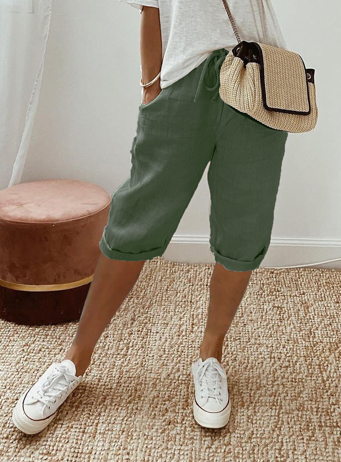 Pantalon à poches élastiques en coton et lin