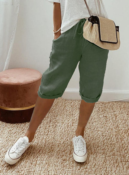 Pantalon à poches élastiques en coton et lin